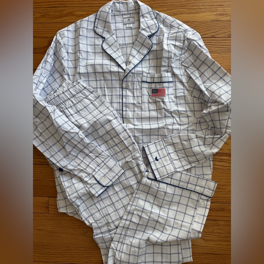 NWOT Men’s Petite Plume Navy Tattersale Pajama Set with American Flag Size Large